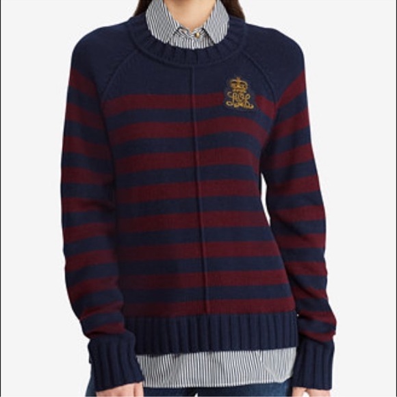 Lauren Ralph Lauren Sweaters - Lauren Ralph Lauren Bullion Crest Faux Layered Sweater Navy Red Stripe Medium
